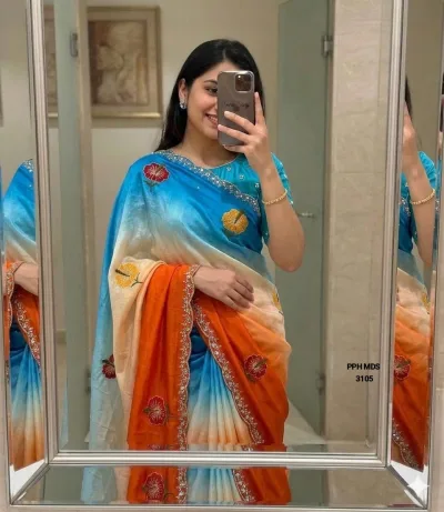 Embroidered Designer Saree with Elegant Stone Work Border - Sunset Orange & Rani Pink